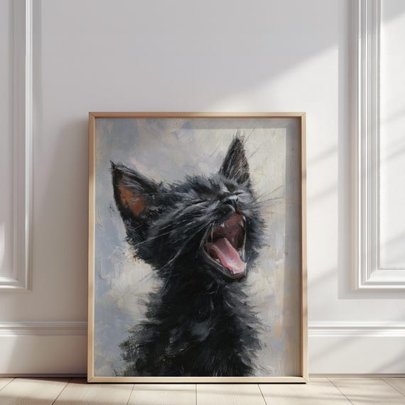 Black Kitten Oil Painting Animal Portrait Feline Print For Pet Lovers Yawning Cat Wall Art Poster Nursery