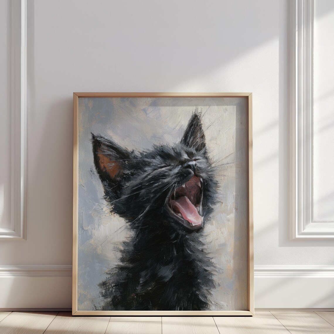 Yawning Black Kitten Oil Painting Cute Baby Cat Portrait Wall Art