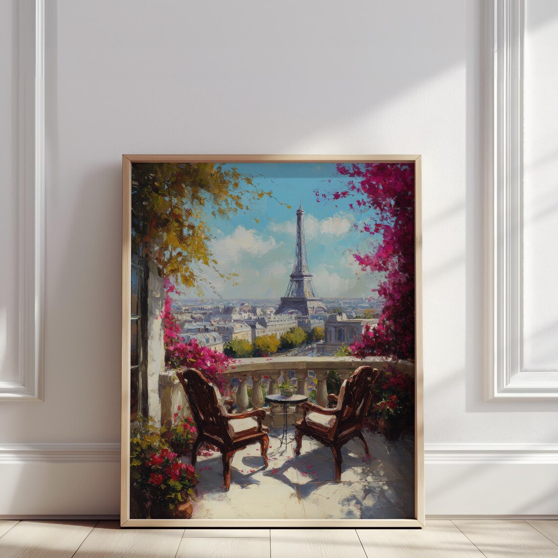 Paris Balcony View Eiffel Tower Flowering Trees Oil Painting Poster