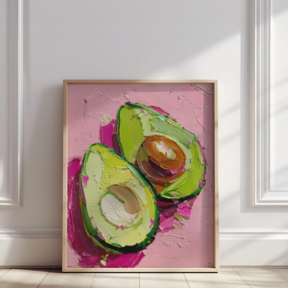 Avocado Oil Painting Green Fruit On Pink Background Print Modern Kitchen Wall Art Poster For Home Decor And Gift