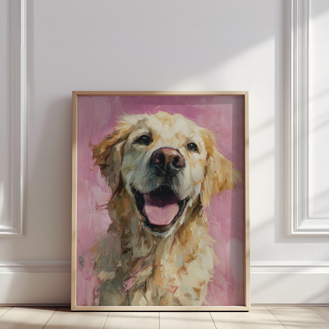 Smiling Golden Retriever Dog Portrait Pink Background Art Poster