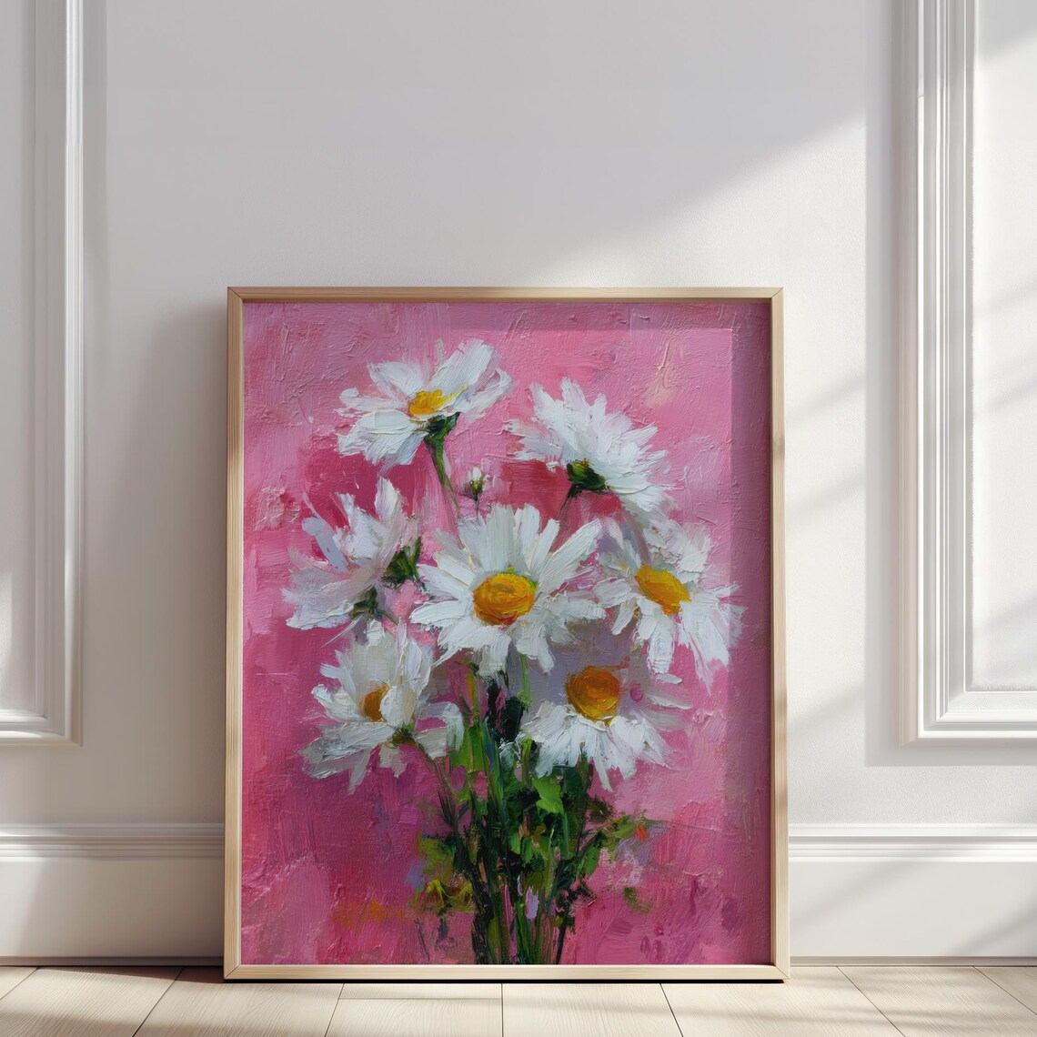 White Daisies On Pink Background Bold Floral Oil Painting Poster