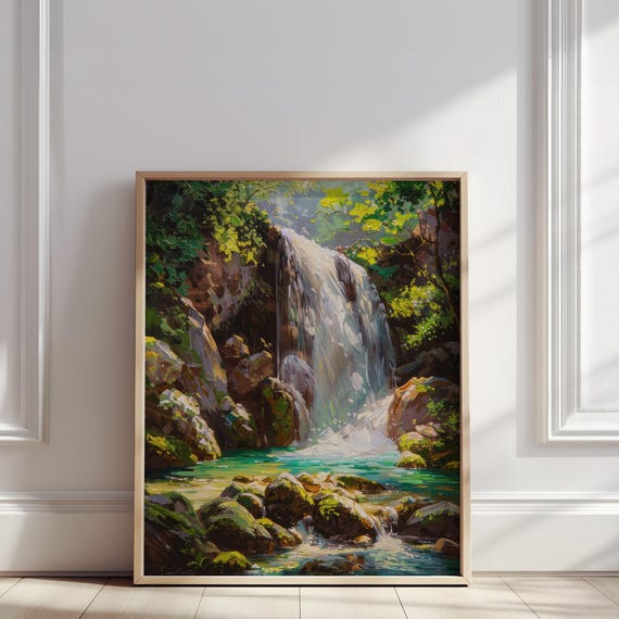Waterfall In Green Forest Oil Painting Crystal Clear Lake Print Tranquil Nature Wall Art Poster For Home Office
