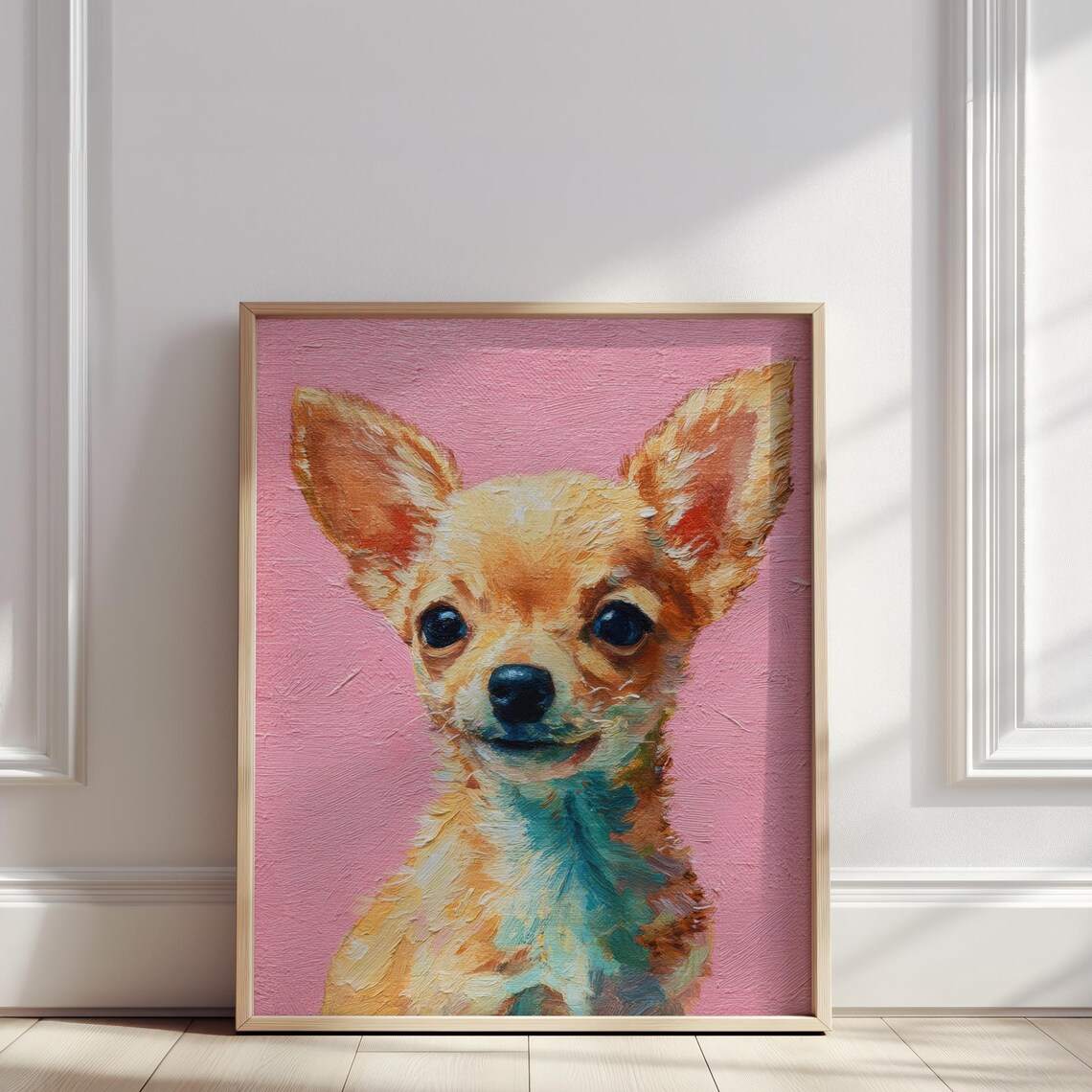 Chihuahua Puppy Portrait Pink Background Cute Dog Oil Painting Poster