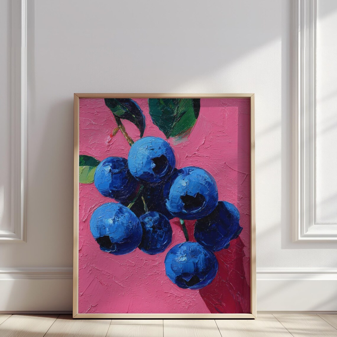 Blueberry Oil Painting Bright Blue Berries Pink Background Poster