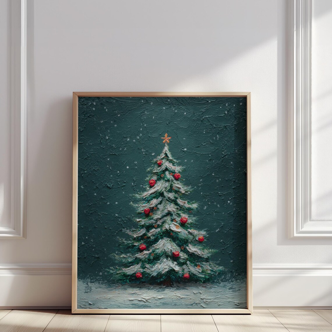 Snow Dust Christmas Tree Red Ornaments Dark Green Holiday Poster