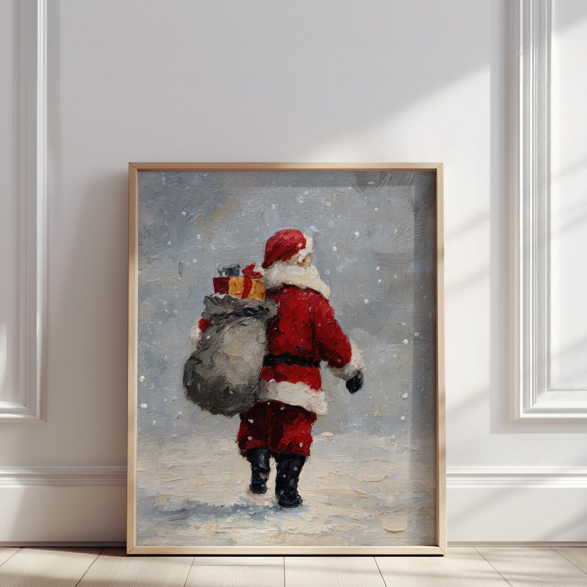 Santa Claus Walking Through Snow With Gift Sack Christmas Poster