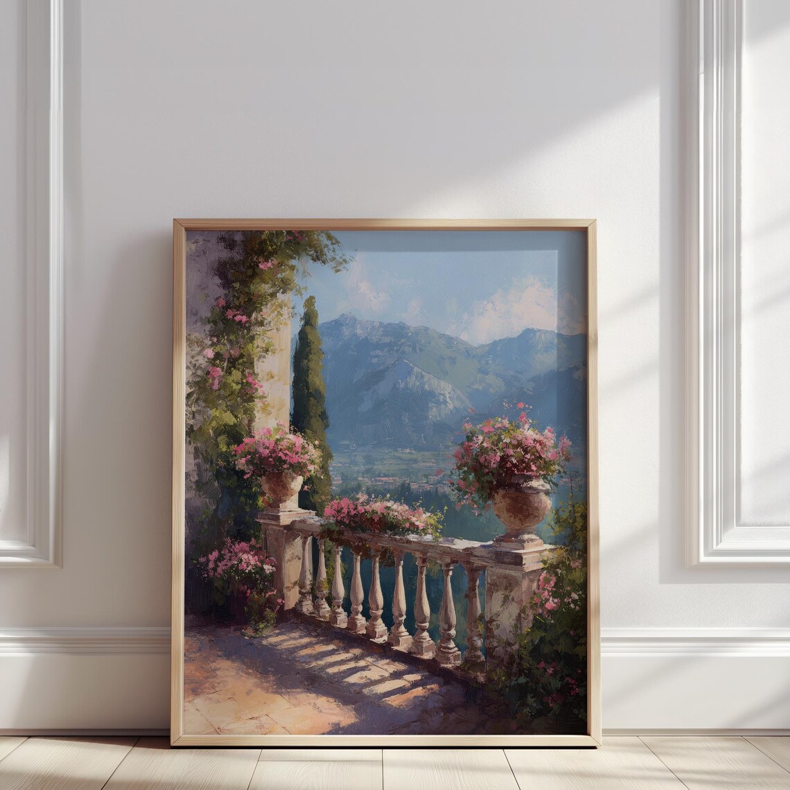 Italian Terrace With Flowers Mountain View Mediterranean Summer Poster