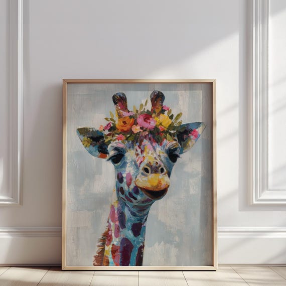 Colorful Giraffe Portrait Oil Painting Animal With Floral Crown Print Modern Wall Art Poster For Kids Room Or Nursery