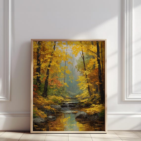 Autumn Forest Oil Painting Golden Foliage Reflections On Tranquil Stream Nature Print Fall Landscape Wall Art Poster