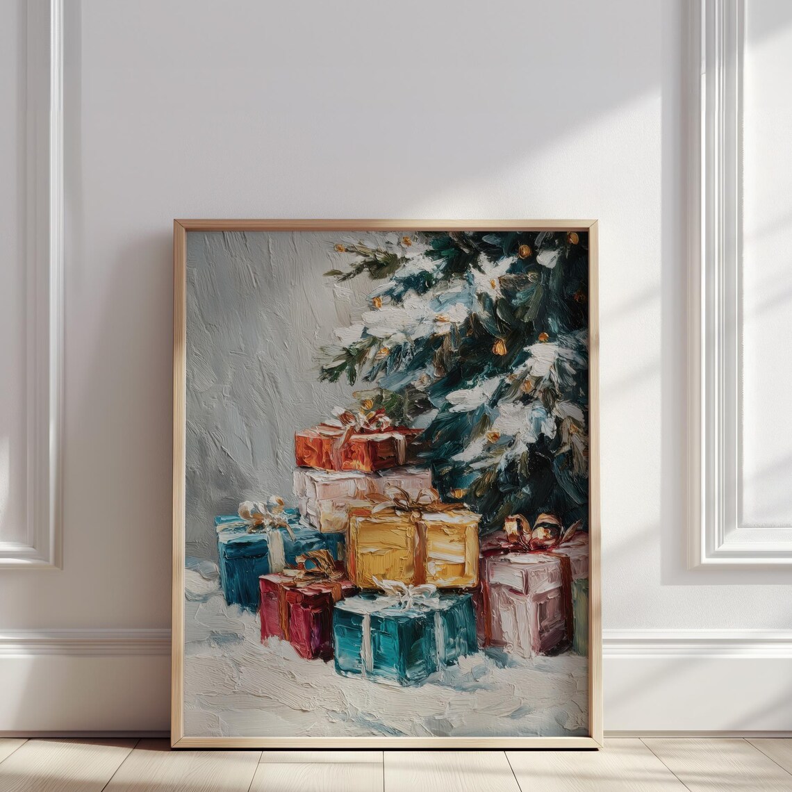 Christmas Gifts Under Snowy Tree Colorful Wrapped Presents Oil Poster
