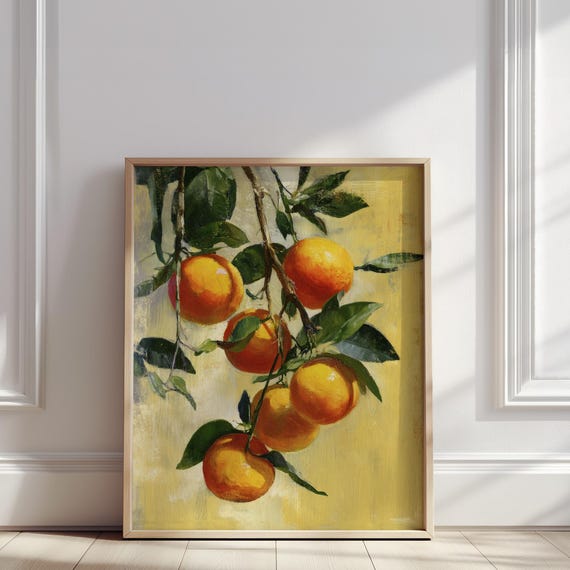 Orange Branch Oil Painting Citrus Fruit Artwork On Yellow Background Print Rustic Kitchen Wall Art Poster For