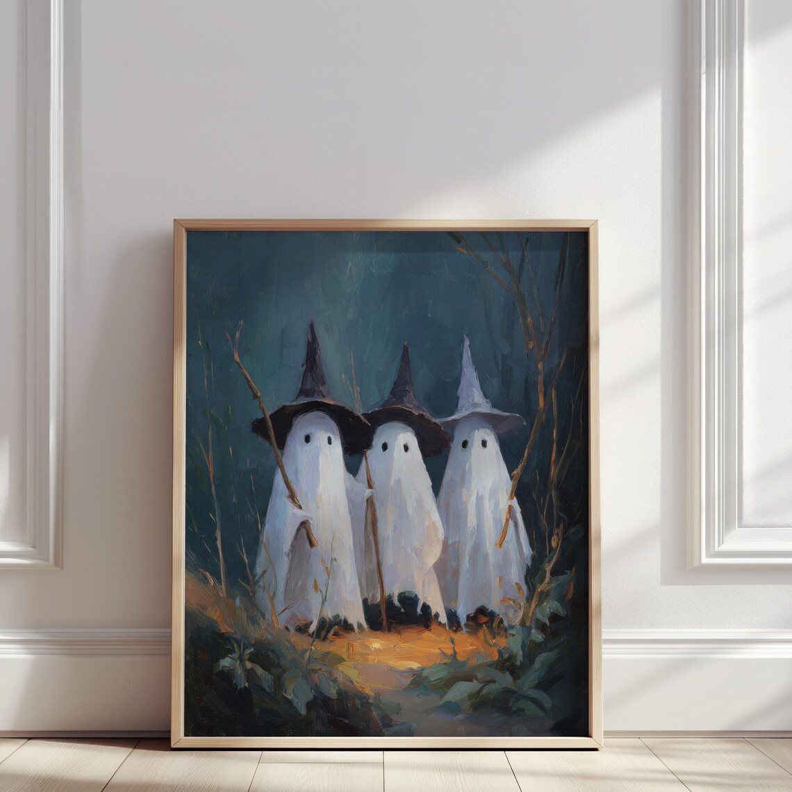 Three White Ghosts With Witch Hats Oil Painting Halloween Art In Dark Forest Print Cozy Spooky Fall Wall Poster