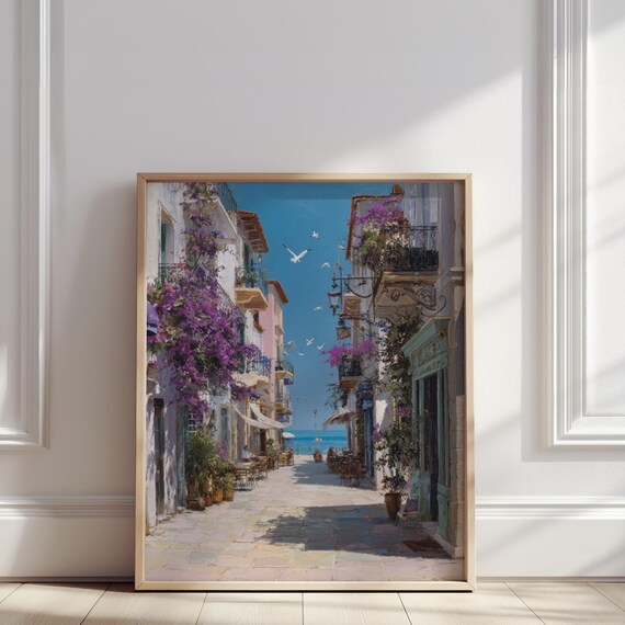 Mediterranean Seaside Street With Bougainvillea Flowers Ocean Poster
