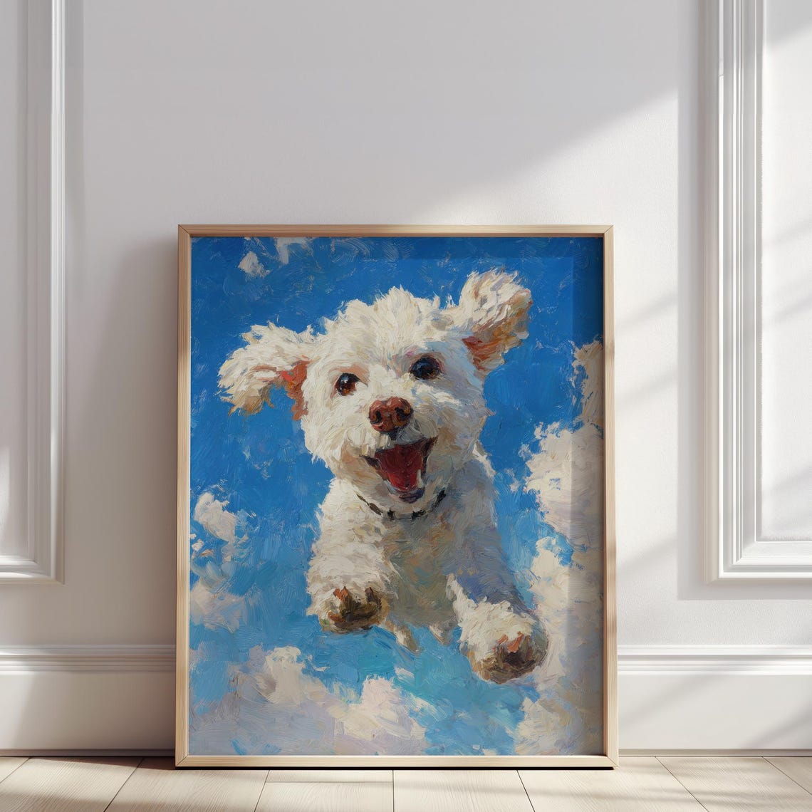 White Poodle Dog Oil Painting Puppy Portrait Print With Blue Sky Animal Wall Art Poster For Pet Lovers And Kids Rooms