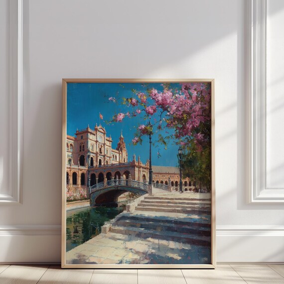 Seville Plaza De Espaa Oil Painting Spanish Architecture Europe Cityscape Print Andalusian Landmark Wall Art Poster