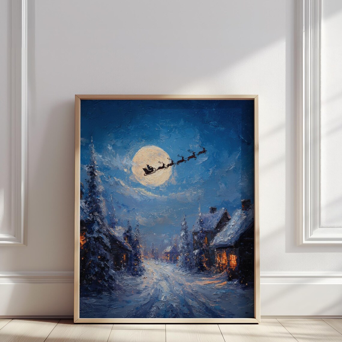 Santa Sleigh Over Moonlit Snowy Village Christmas Night Oil Painting Poster