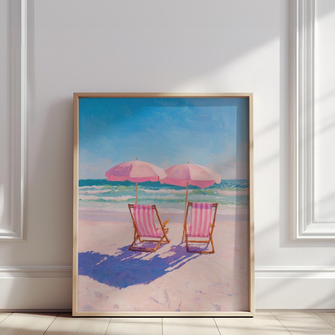 Pink Beach Umbrellas and Striped Deck Chairs Summer Ocean Poster