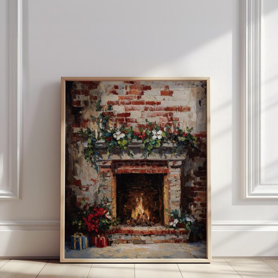 Rustic Brick Fireplace With Christmas Garland Fire Holiday Oil Poster