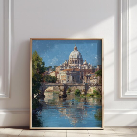 Vatican Cityscape Oil Painting St Peters Dome And Bridge Over The Tiber River Print Italian Landmark Wall Art Poster