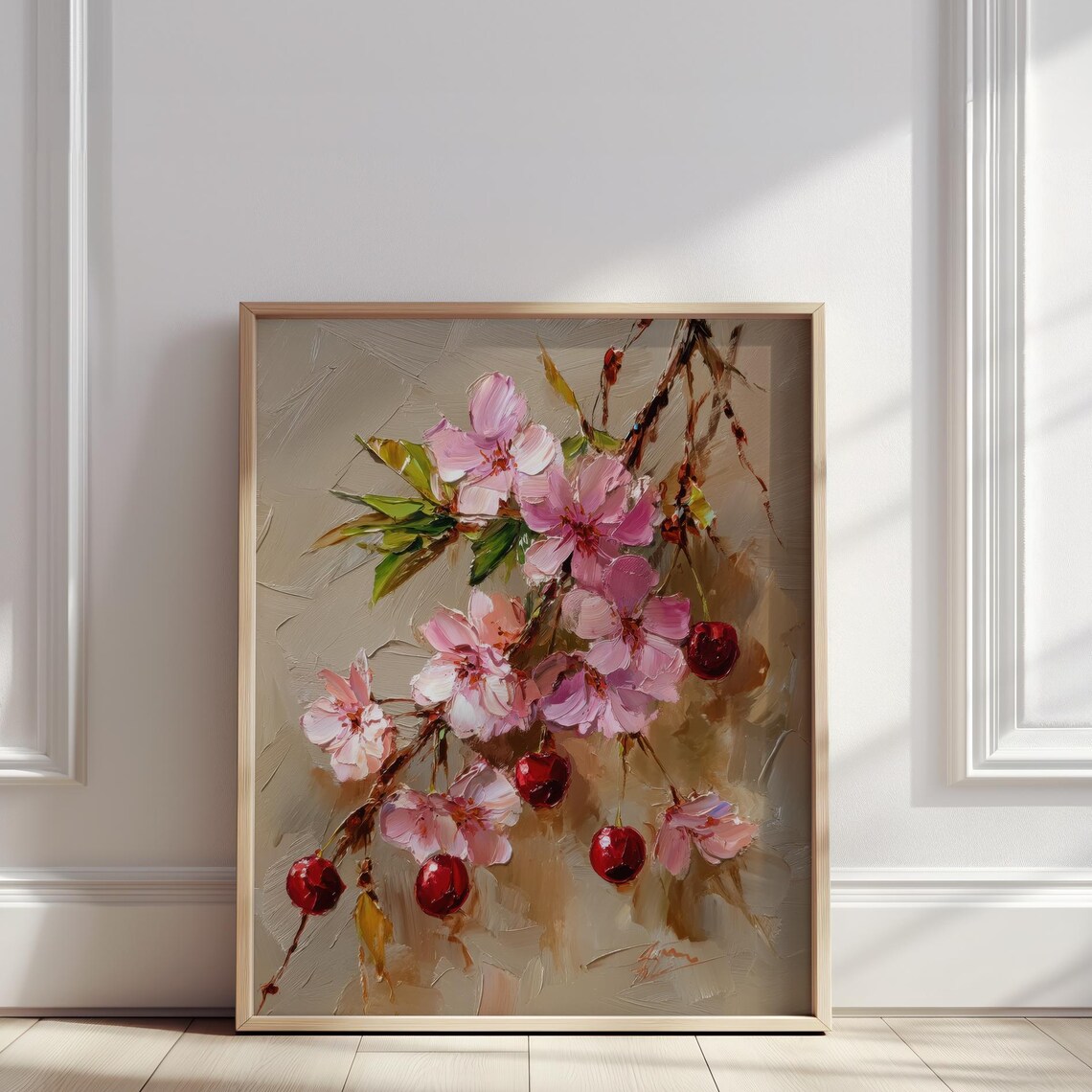 Cherry Blossom Oil Painting Pink Spring Flowers Red Fruit Art Poster