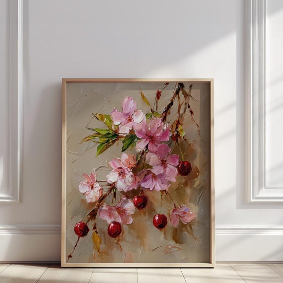 Cherry Blossom Oil Painting Pink Spring Flowers And Red Fruit Artwork Print Floral Wall Art Poster For Home Decor