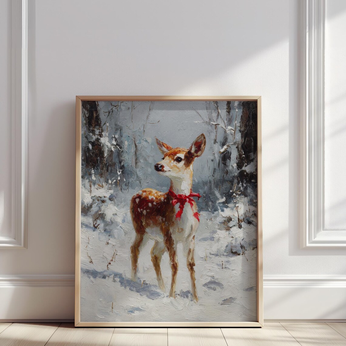 Snowy Forest Fawn Red Ribbon Bow Christmas Deer Portrait Poster