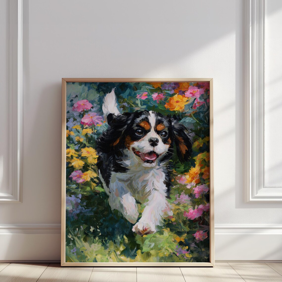 Cavalier King Charles Spaniel Puppy Running Flowers Oil Painting Poster