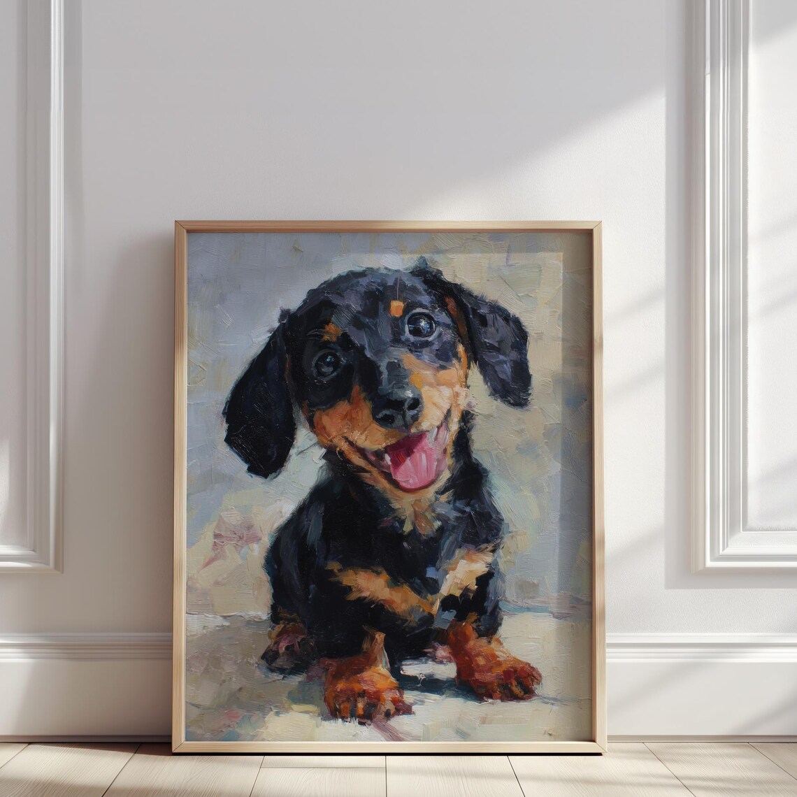 Joyful Black and Tan Dachshund Puppy Oil Painting Style Poster