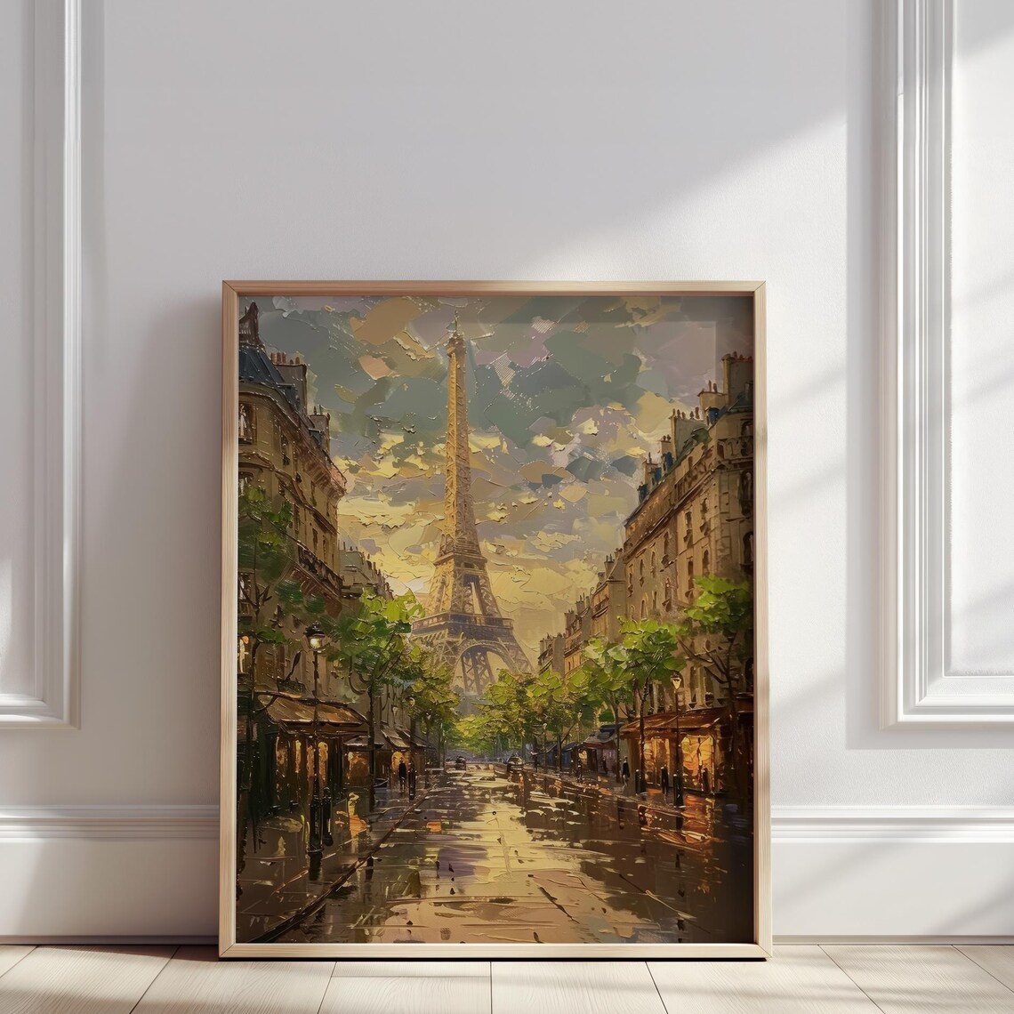 Paris Eiffel Tower Golden Hour Rainy Street Oil Painting Poster