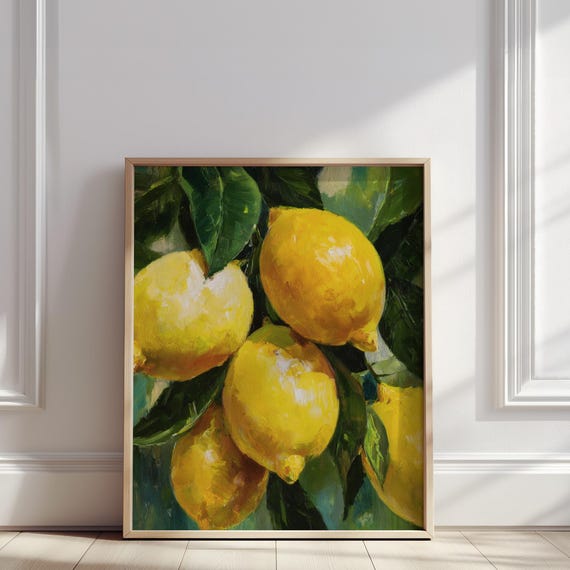 Lemon Still Life Oil Painting Bright Yellow Citrus With Green Leaves Artwork Print Summer Kitchen Wall Art Poster