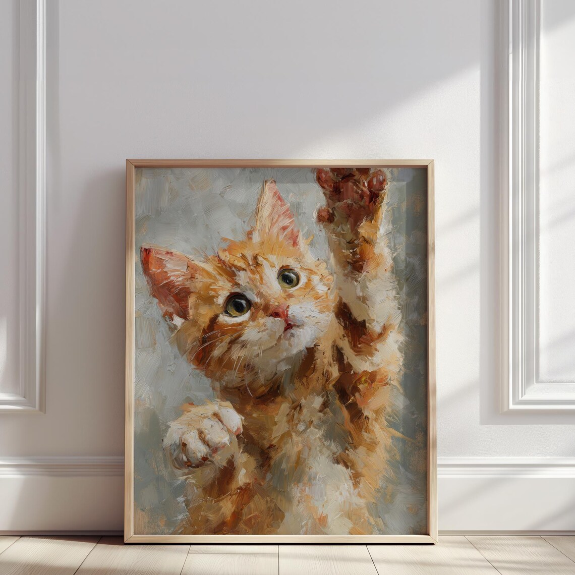 Playful Ginger Kitten Oil Painting Cute Orange Cat Paw Raised Poster