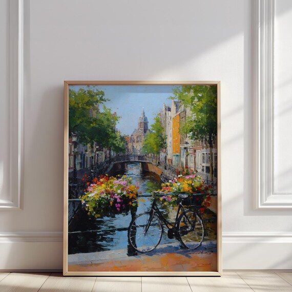 Amsterdam Canal Scene Oil Painting Bicycle Bridge With Colorful Flowers Print European Cityscape Wall Art Poster