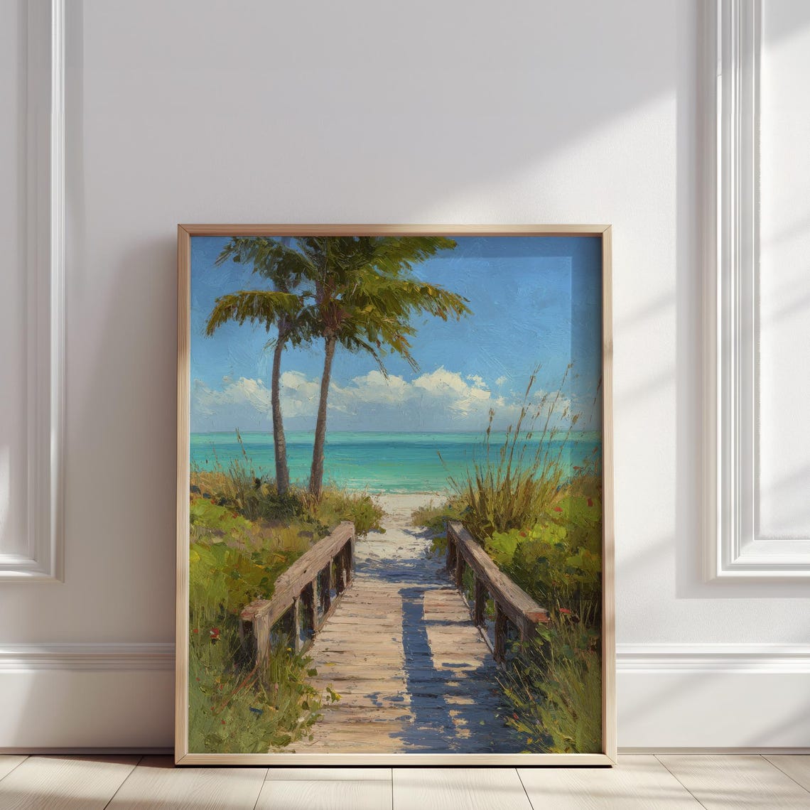 Tropical Beach Boardwalk Path With Palm Trees Ocean Oil Poster