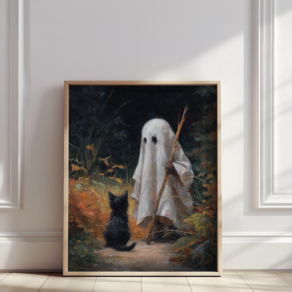 And Black Cat Oil Painting Autumn Forest Halloween Scene Print Whimsical Spooky Wall Art Poster For