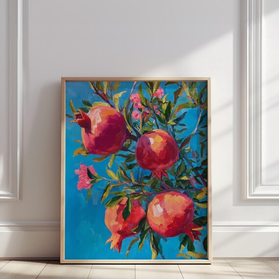 Pomegranate Branch Ripe Red Fruit Oil Painting Bright Blue Sky Poster