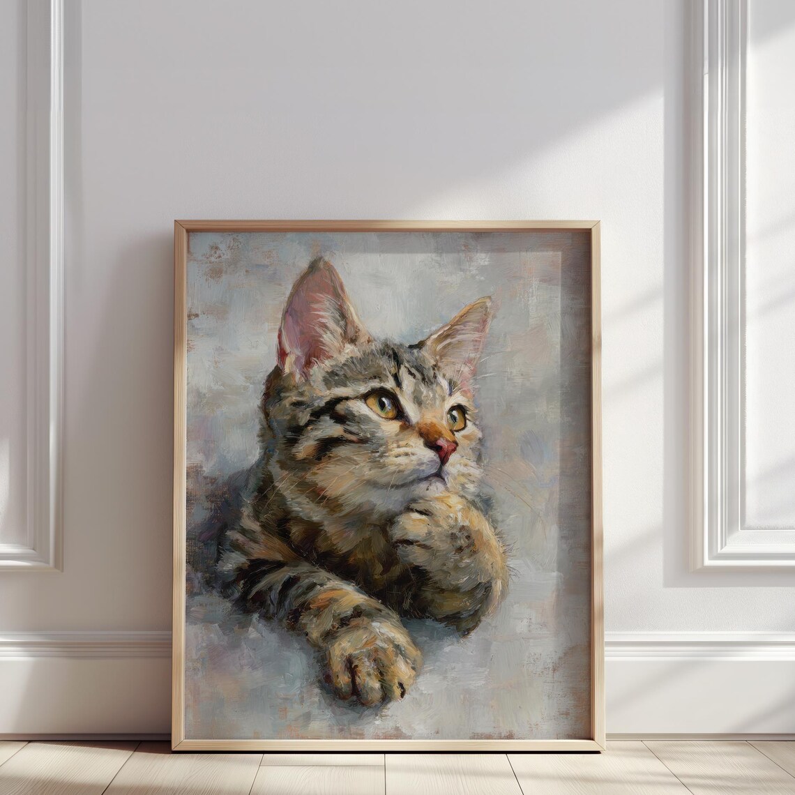 Gray Tabby Cat Oil Painting Portrait Golden Eyes Feline Poster