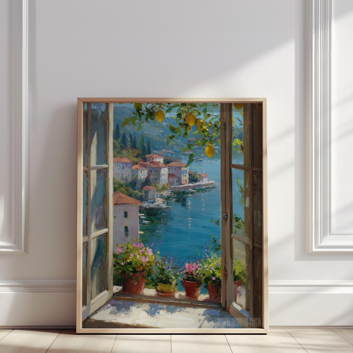 Mediterranean Coastal Town Window View Lemon Tree Oil Art Poster