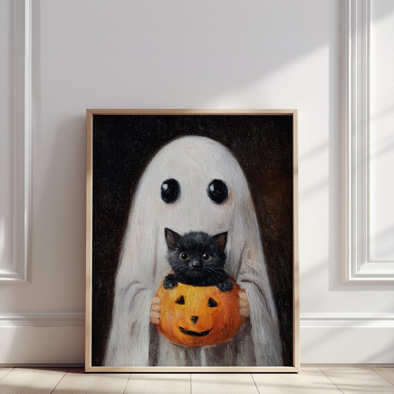 Holding Black Cat In Pumpkin Oil Painting Whimsical Halloween Artwork Print Cute Spooky Autumn Wall Art Poster