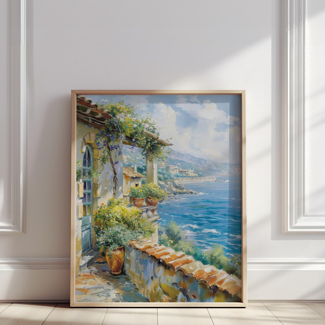 Mediterranean Balcony Ocean Terrace Floral Oil Painting Poster