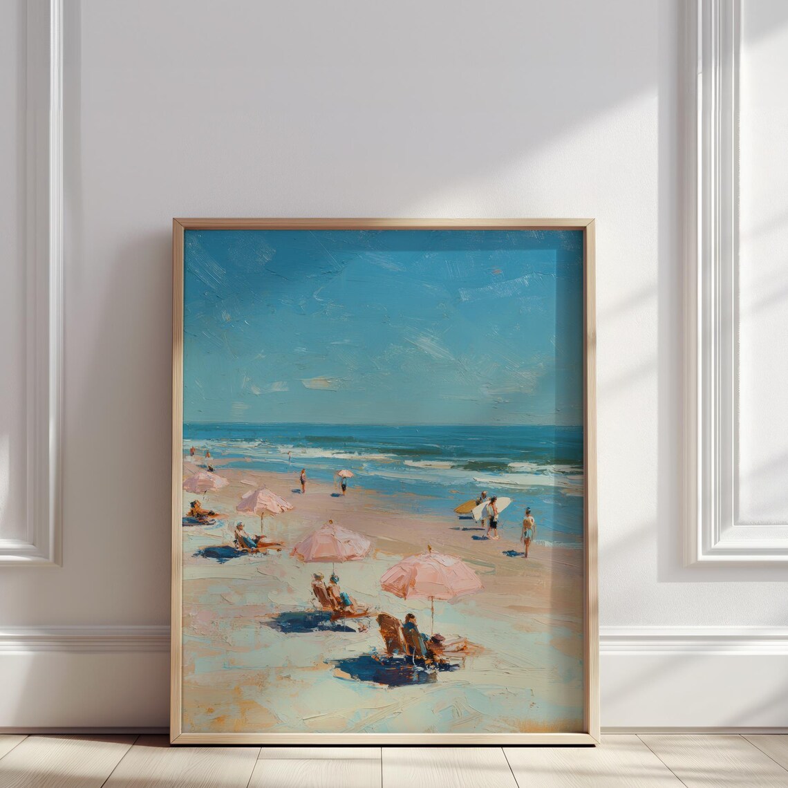 Pink Umbrellas on Crowded Summer Beach Day Oil Painting Poster