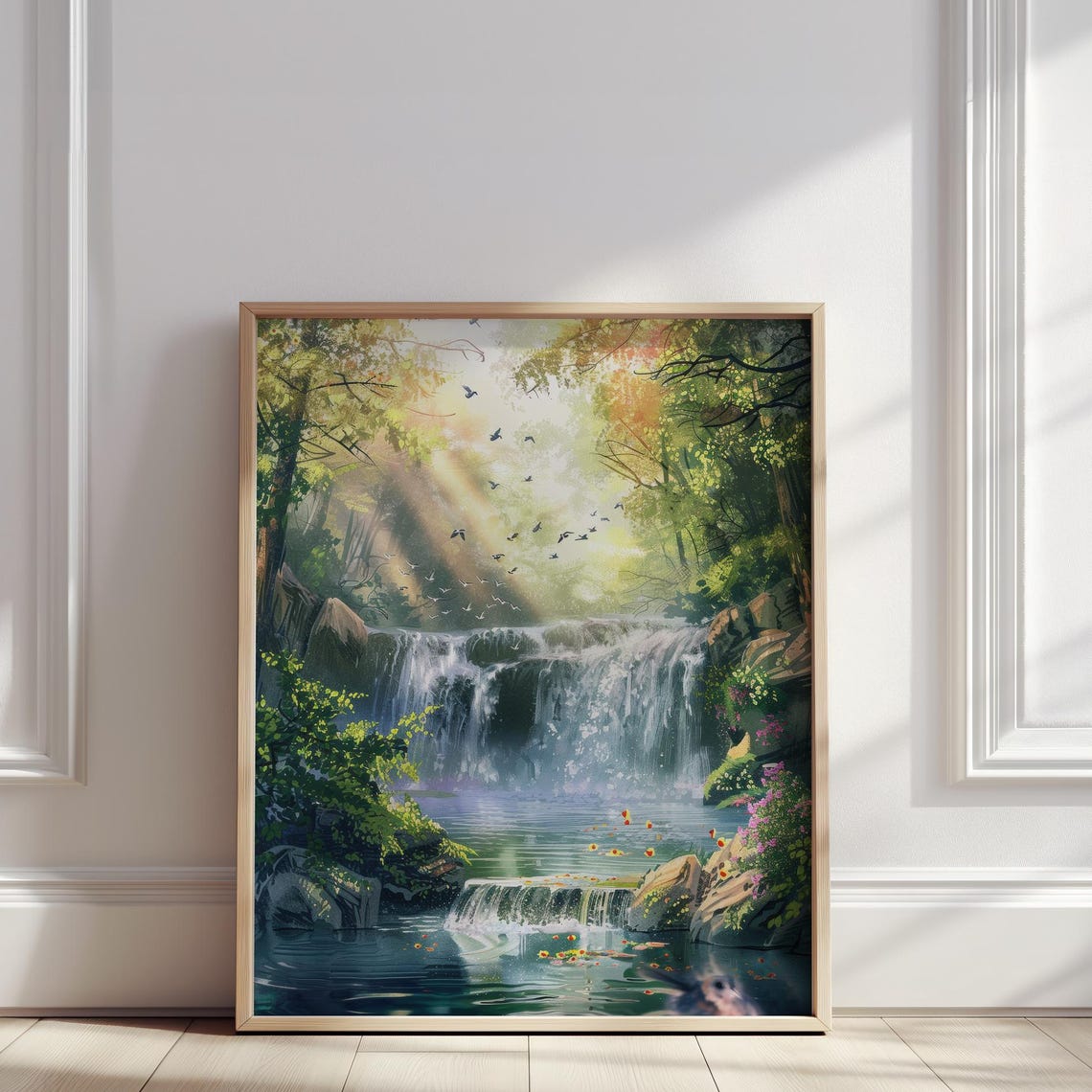 Sunlit Forest Waterfall Cascading Stream Nature Artwork Poster