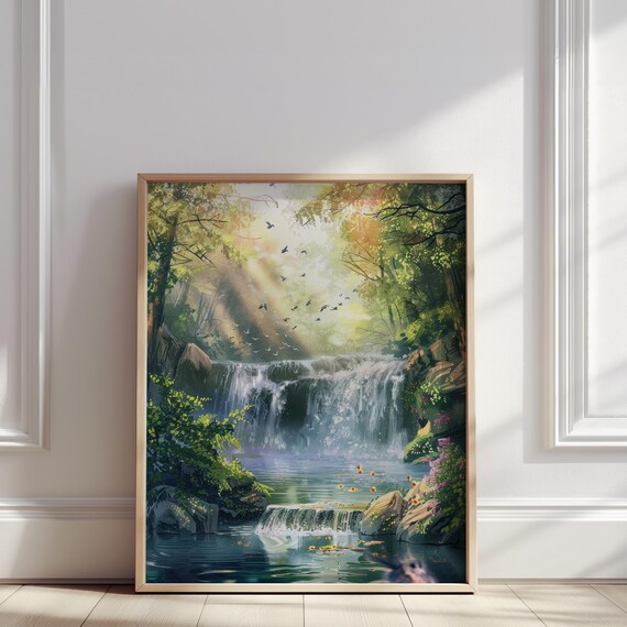 Sunlit Forest Waterfall Cascading Stream Nature Artwork Poster