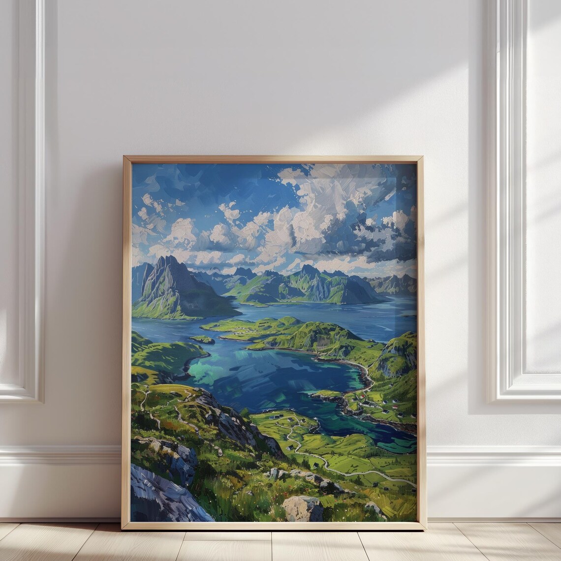 Norwegian Fjord View Oil Painting Green Mountains And Blue Sea Print Scandinavian Nature Landscape Wall Art Poster