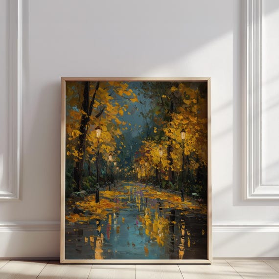 Rainy Autumn Street Oil Painting Golden Leaves Reflections Under Lamplight Print Moody Fall Season Wall Art Poster