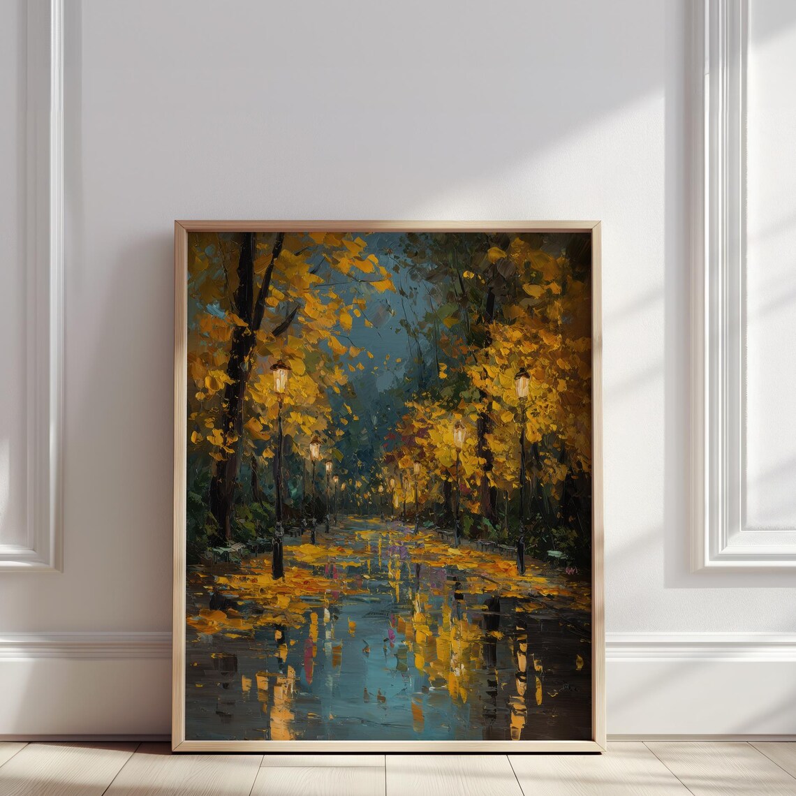 Rainy Autumn Street Golden Leaves Lamppost Reflections Moody Oil Poster