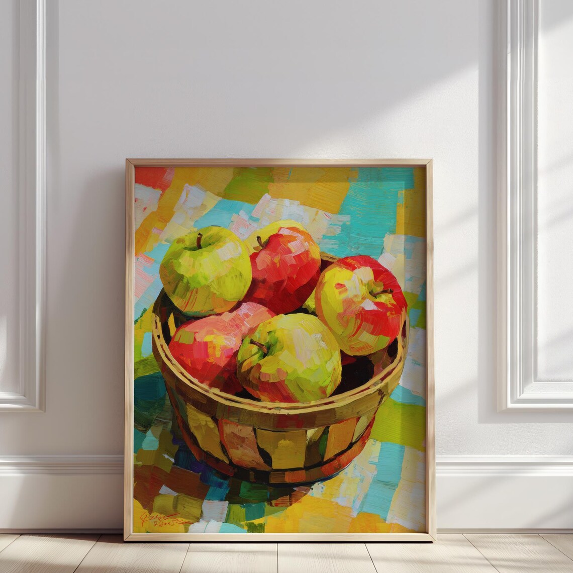 Colorful Basket of Red Green Apples Oil Painting Still Life Poster