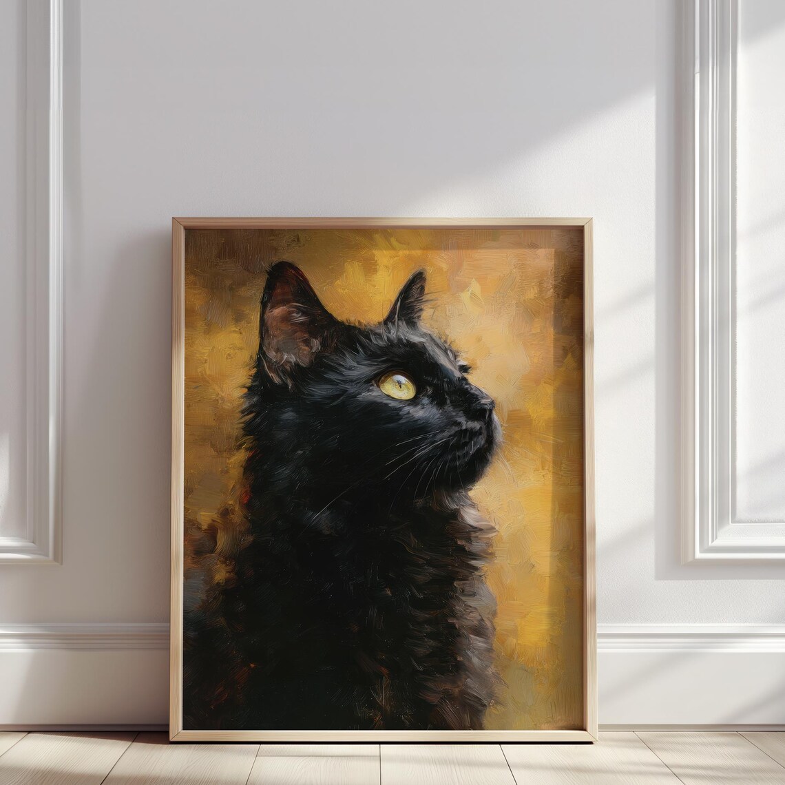 Black Cat Portrait Oil Painting Golden Background Feline Poster