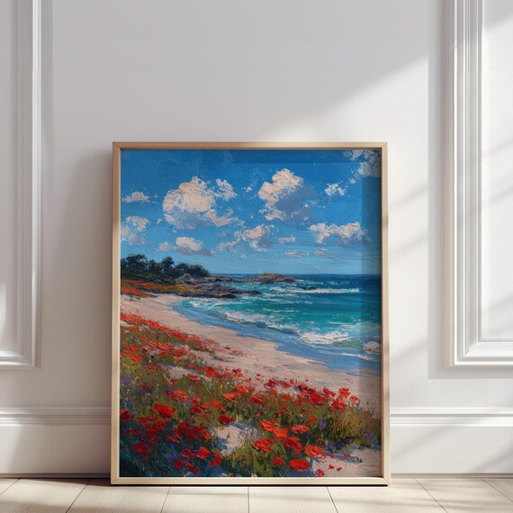 Seaside Poppy Field Red Flowers Beach Shore Ocean View Poster