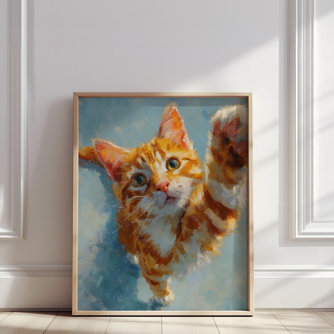 Happy Ginger Kitten Waving Paw Blue Background Cute Cat Art Poster